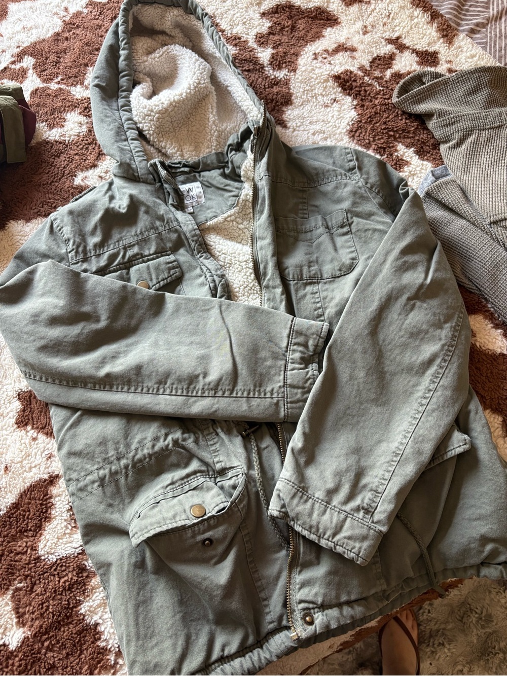 Womens Junior Hooded Sherpa-Lined Jacket - Olive Green